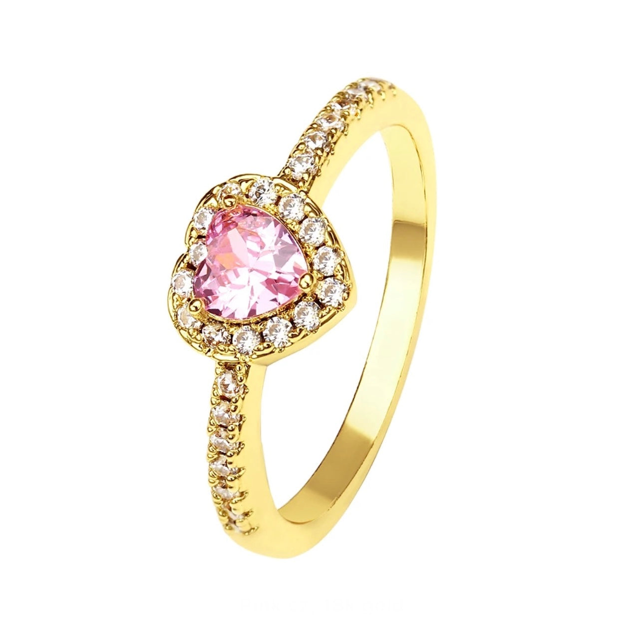 Gold ring with a pink heart gemstone and diamond accents on a white background