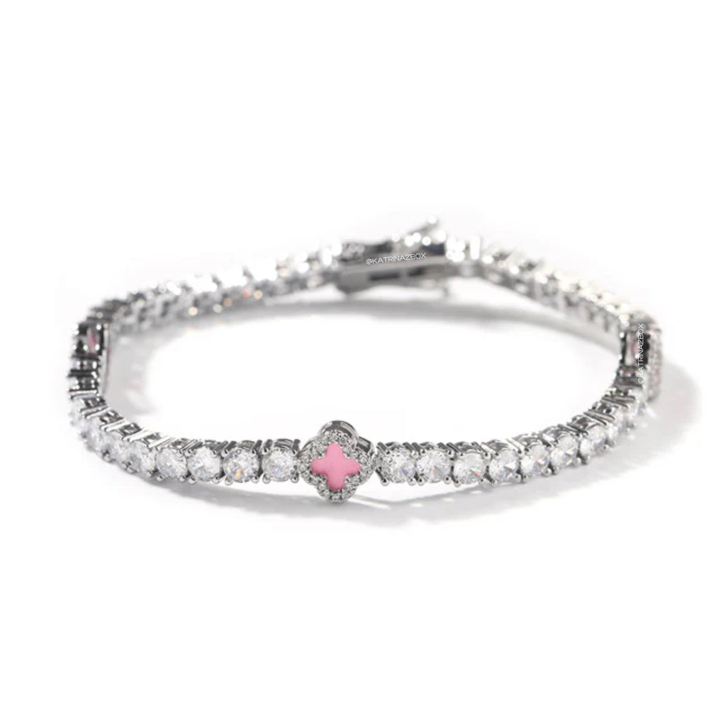 ICED MINI CLOVER TENNIS BRACELET | PINK