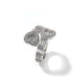 Silver heart baguette diamond ring with a white background
